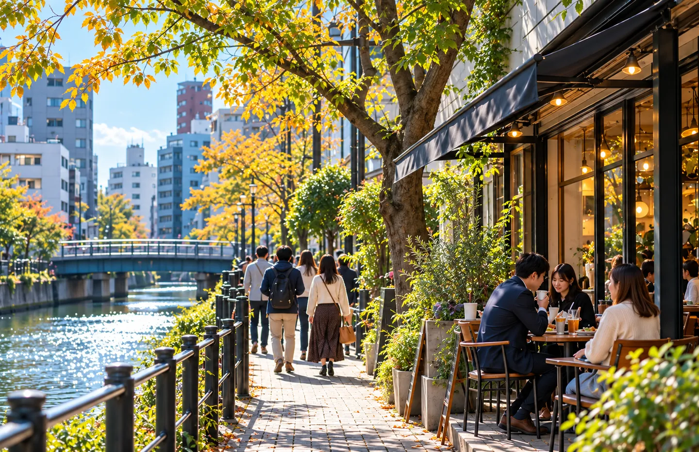 木漏れ日の中、運河沿いのカフェと遊歩道で過ごす休日のイメージ